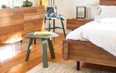 Bedroom with warm wood tones.